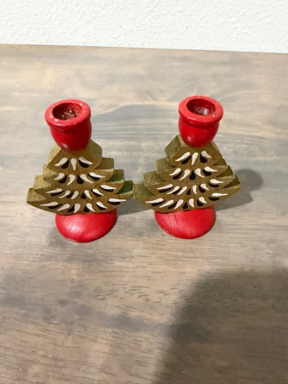 Set of 2 Vintage Swedish Wooden Christmas Tree Taper Candle Holders 3